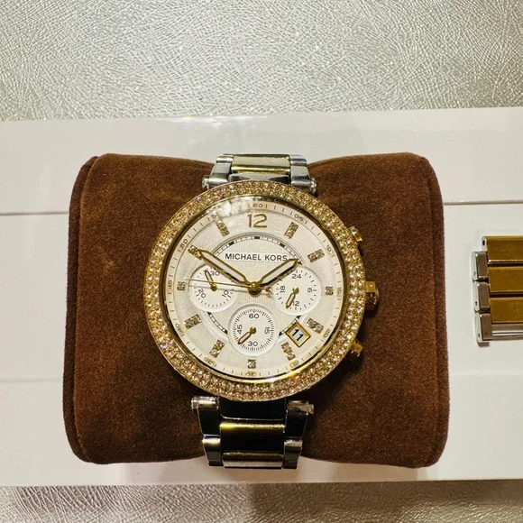 Michael Kors Two-Tone Watch with Crystal Accents Michael Kors Ritz Chronograph Rose Dial Two Tone Steel Strap  main image 3